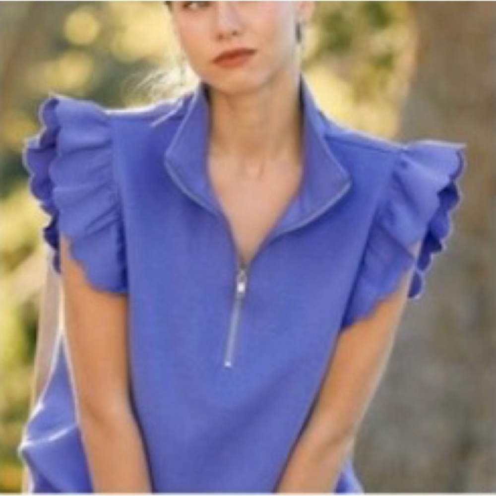 NWT Umgee Light Blue Ruffle Sleeve Half-Zip Sweatshirt